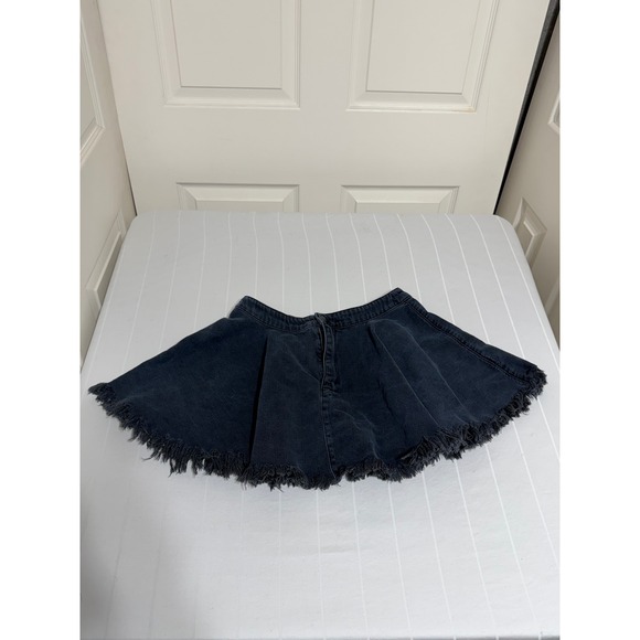 Free People Dresses & Skirts - Free People Black Denim Mini Skirt‎ Frayed Raw Hem Skater XS Distressed Washed
